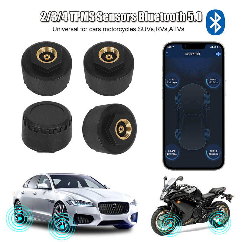 Motorcycle Tire Pressure Monitoring System, Tyre Tester, Auto Acessórios, Android, IOS, TPMS, Bluetooth 5.0, 0-100PSI