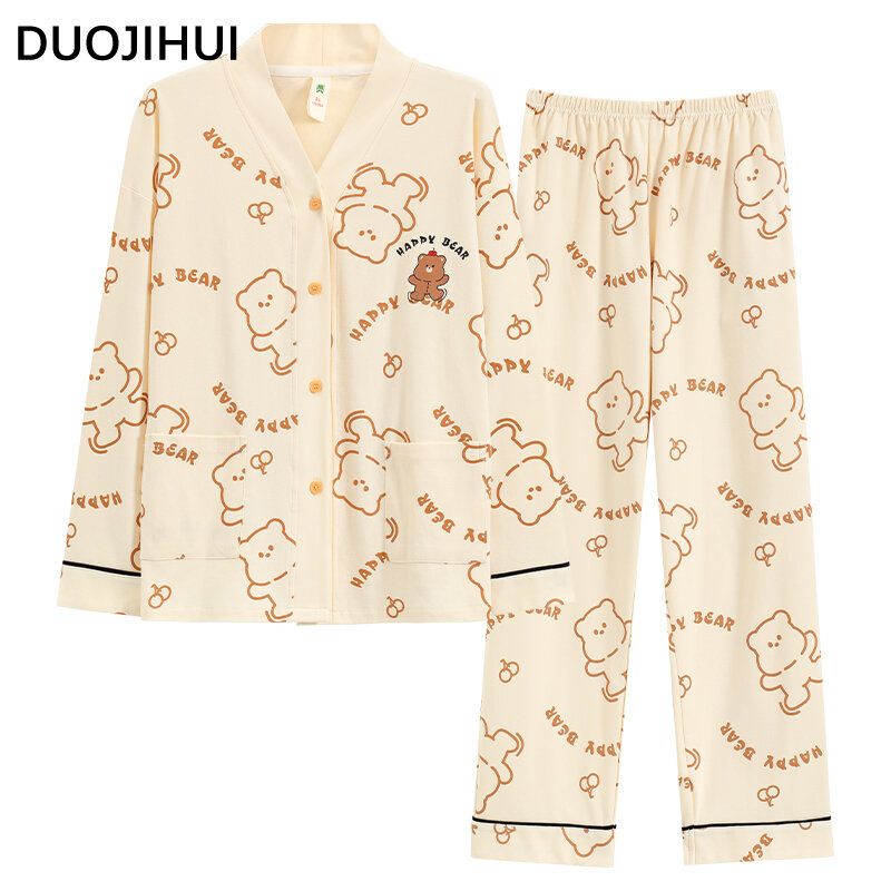 DUOJIHUI, новый Однотонный женский пижамный комплект из двух предметов, кардиган с V-образным вырезом, базовые брюки, модная Повседневная Пижама для женщин с накладками на груди