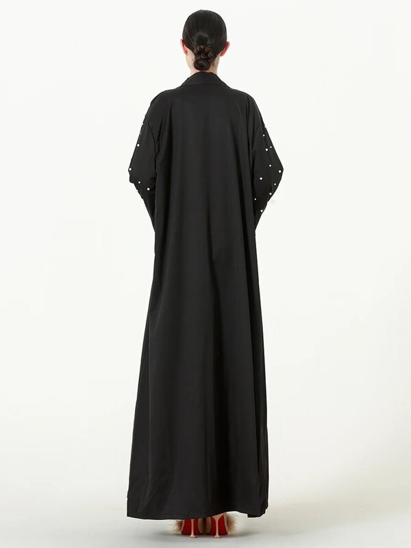 Abaya abierta con cuentas simples para mujer, Vestido musulmán con cordones, caftán con cuello en V, cárdigan islámico, Vestido árabe de Dubái, Longo femenino