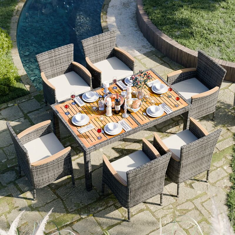 5 Pieces Outdoor Patio Dining Set, Wicker Patio Furniture Set with Wood Table and 4 Chairs with Soft Cushions for Yard, Garden
