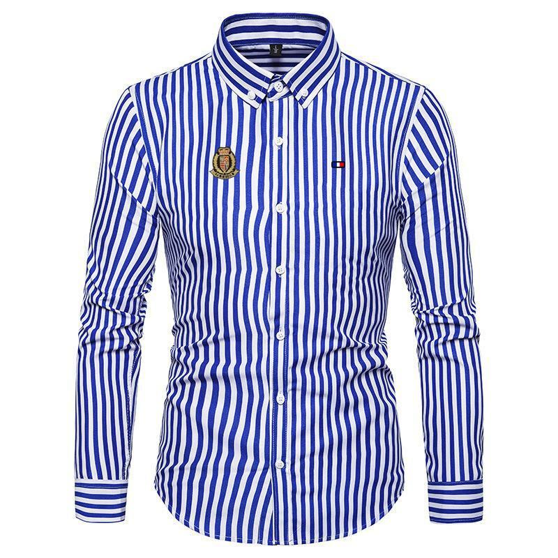 Wysokiej jakości męska koszula biznesowa, nowa konstrukcja w stylu Casual, w paski bluzka Hommes bawełna odzież topy moda Fit szczupły mężczyzna koszule M-5XL