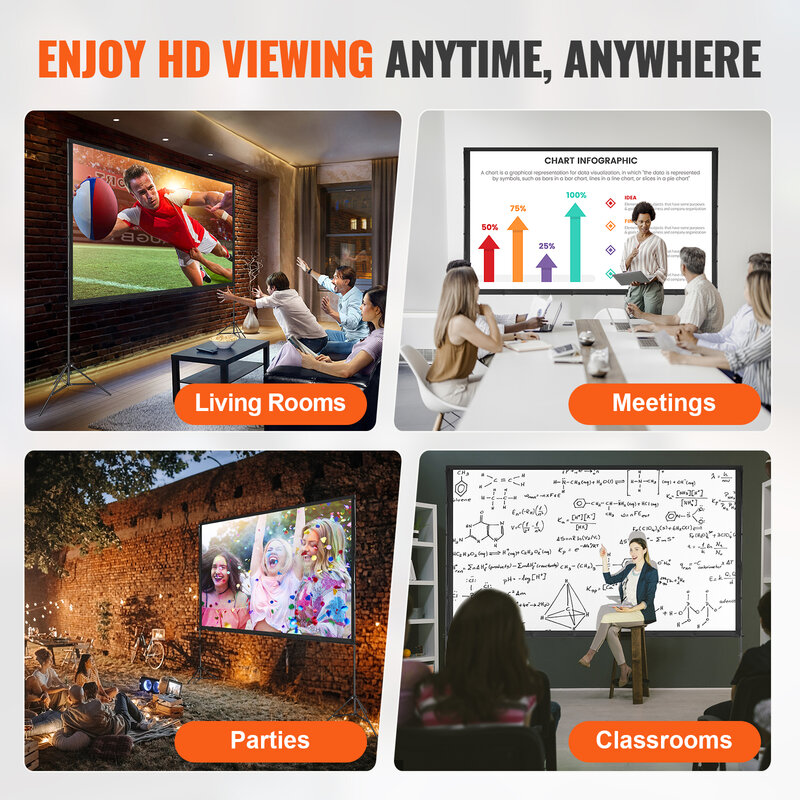 VEVOR 스탠드 포함 프로젝터 스크린, 4K 1080 HD 야외 영화 스크린, 홈 시어터 시네마 뒤뜰 영화용, 120/150 인치