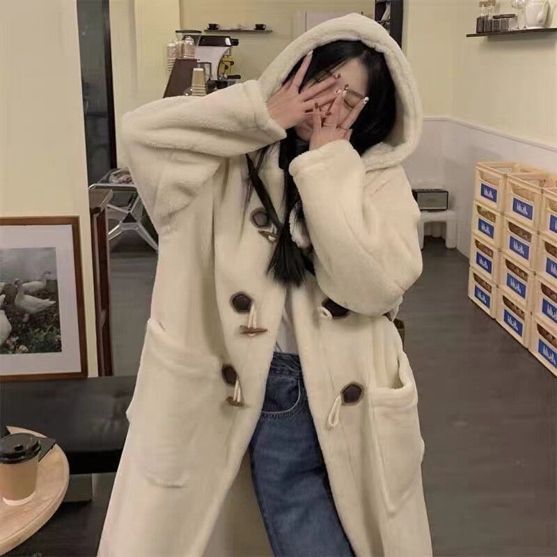 CGC-abrigo largo de lana de cordero para mujer, chaqueta gruesa y cálida con capucha, acolchada de Color sólido, moda coreana, invierno, 2023