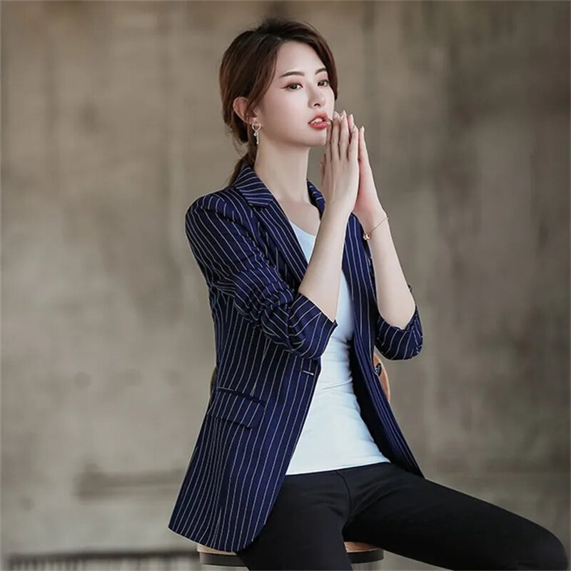 2024 New Women Blazer Korean Spring Autumn Slim Business Blazer Ladies Coats Office Blazer Casual Coat Stripe Long Sleeve Suits