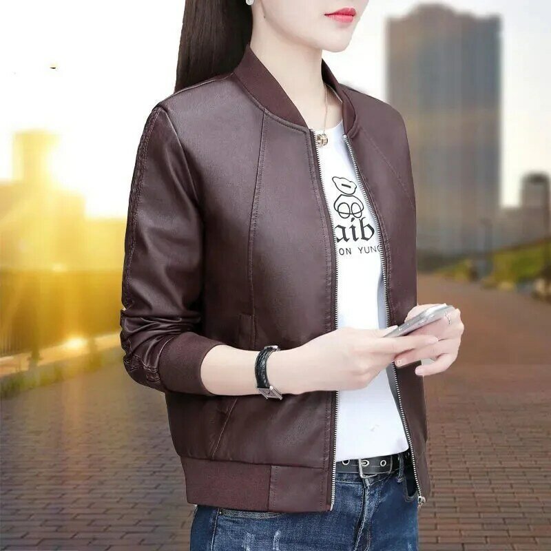 Stand-Up Collar PU Leather Jacket Female Spring Autumn New Korean Chic Short Motorcycle Cycling Leather Coat Women's Outerwear