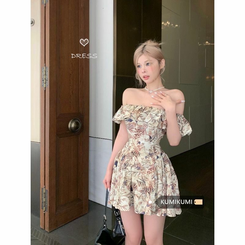Gaun bunga lengan pendek bahu Satu Korea untuk wanita gaun pinggang koleksi musim panas pakaian wanita gaun A-Line
