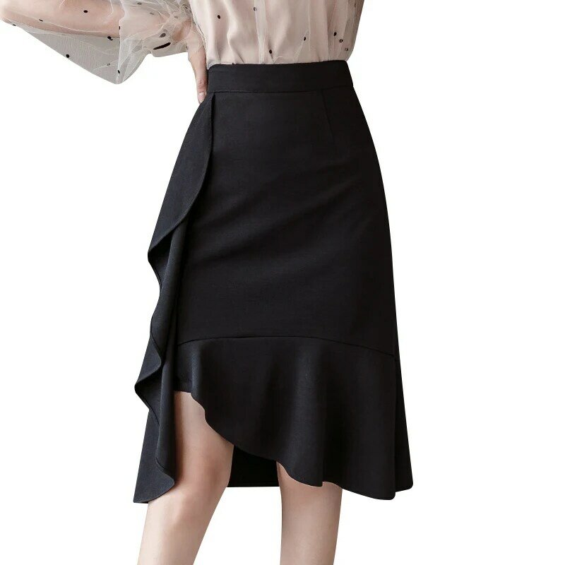 Ladies Elegant Medium Long Black Skirt Women Clothes Girls Ruffle Edge Asymmetry Cute Skirts Chic Casual Clothing Py3635A