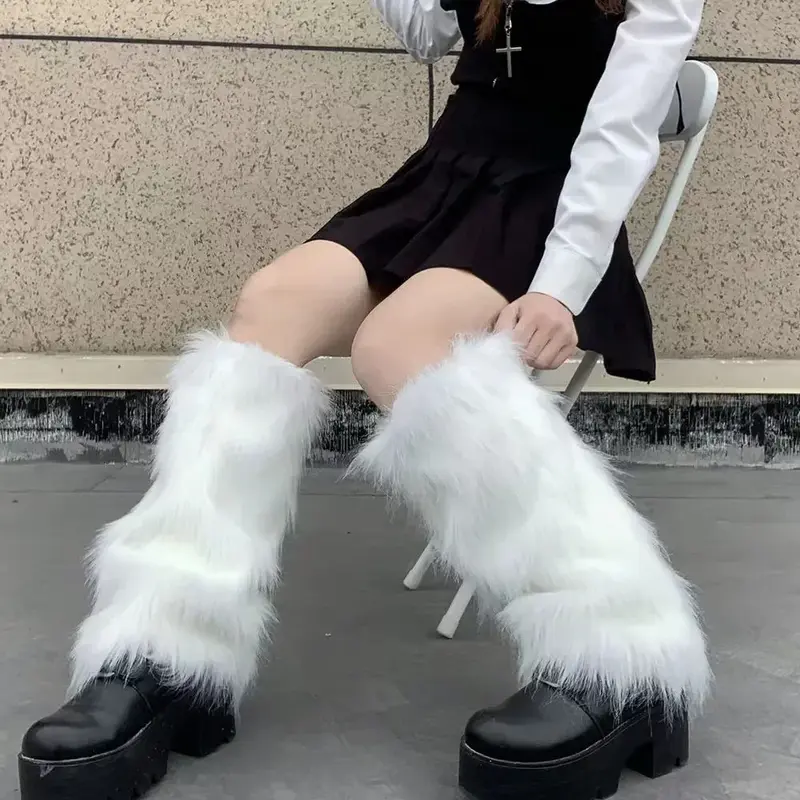 White Faux Fur Leg Warmers, capas de bota monocromáticas, meias na altura do joelho, Punk Jk, Hiphop, moda Hotgirl, meias quentes, japonês, Y2K Goth