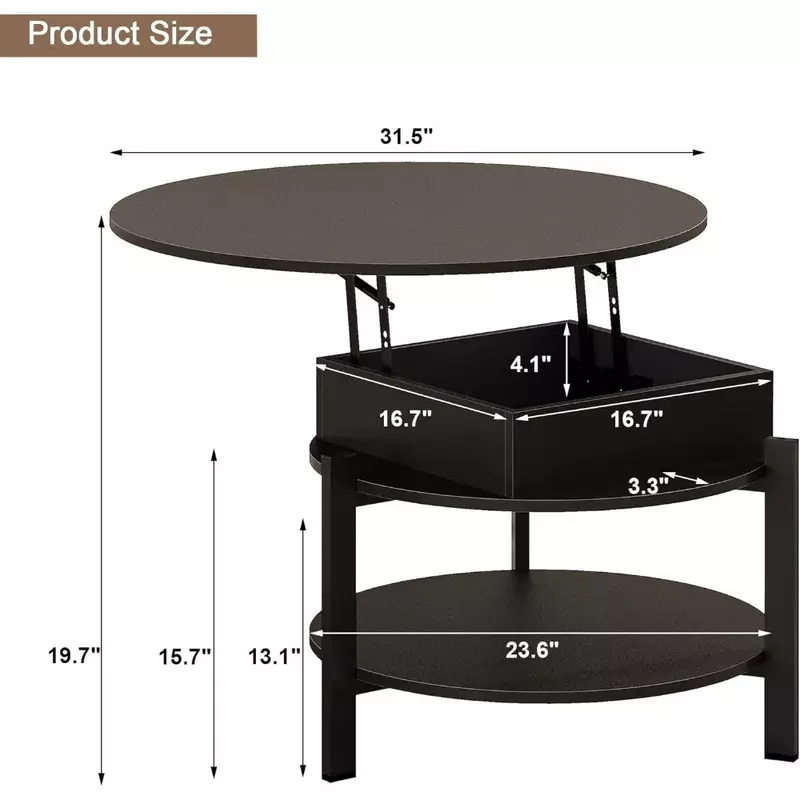 طاولة قهوة مستديرة أعلى رفع مع تخزين ومقصورة مخفية ، طاولة طعام صغيرة لغرفة المعيشة