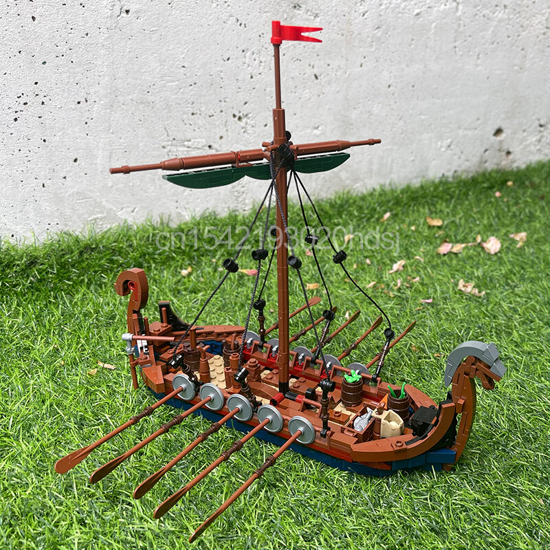 MOC-barco vikingo militar Medieval para niños, modelo de bloques de construcción, figuras de barcos, juguetes de ladrillos, MOC-58275, experto creativo