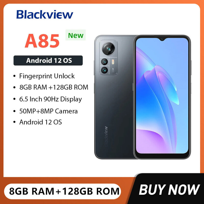 Blackview A85 tanie 4G smartfony 8GB + 128GB 50MP aparat 6.5 Cal wyświetlacz Android 12 telefon komórkowy 4480mAh szybkie ładowanie telefonu komórkowego