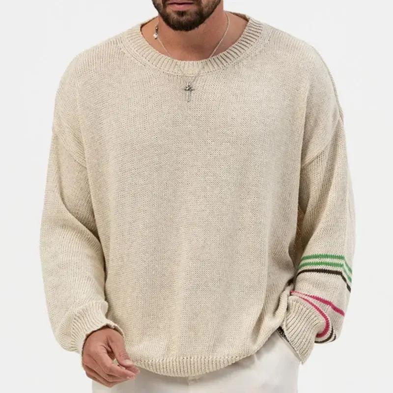 Sweater pria musim semi dan musim gugur, kemeja rajut tipis leher bulat lengan panjang Pullover Fashion pria Atasan