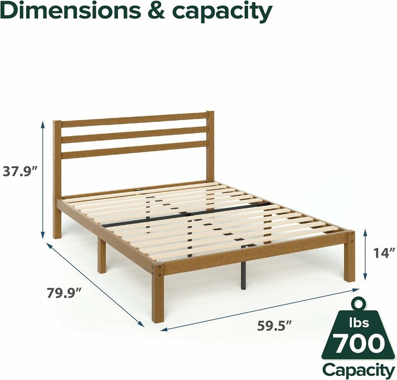Vivek Deluxe Wood Platform Bed Frame with Headboard / Wooden Slat Support / No Box Spring Needed / Easy Assembly, Queen