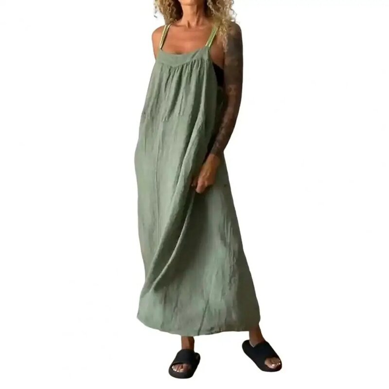 Robe d'été mi-longue de style bohème pour femmes avec poches latérales, coupe basse en fibre, pour un confort