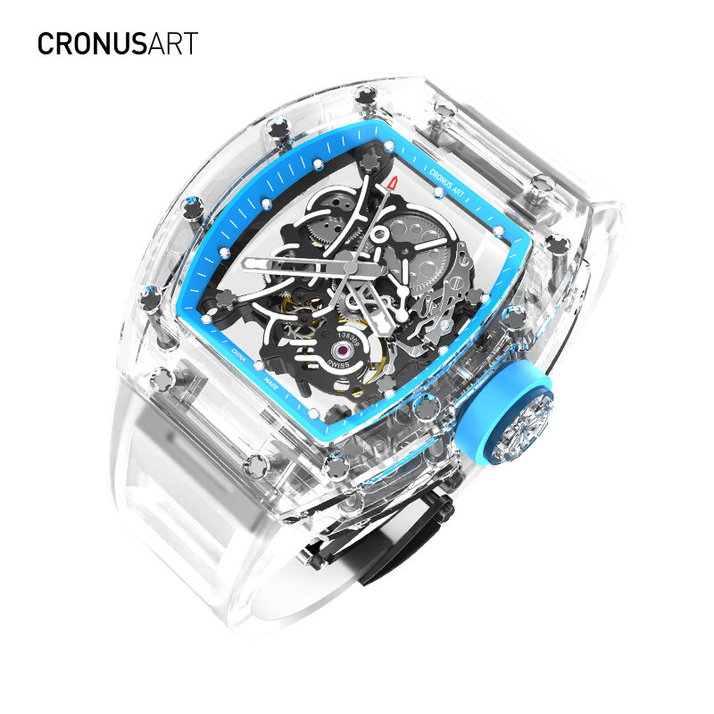 Механические наручные часы CRONUSART, часы с прозрачным механизмом серии сапфир, мужские автоматические механические часы с синим внутренним кольцом
