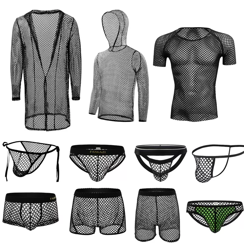 YUFEIDA Mens Sexy Fishnet Pajamas Sleepwear Hollow Out Briefs Thongs Shorts Underwear Hombre Bathrobe Dress Homewear Underpants