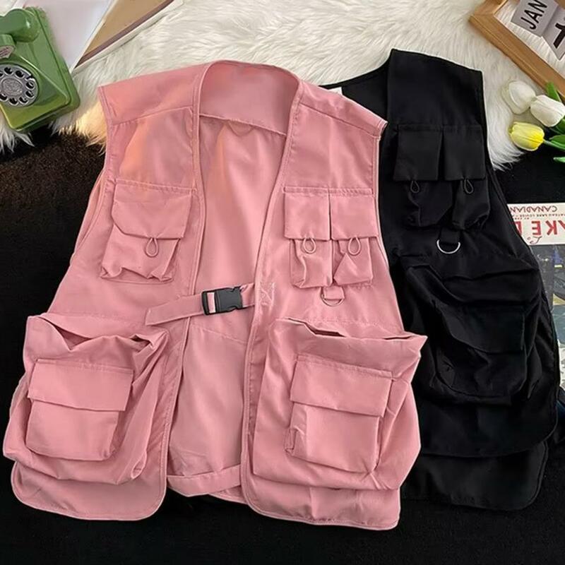Multi Pockets Cargo Waistcoat Solid Color Hip Hop Style Women Men Cargo Waistcoat Sleeveless Loose Buckle Closure Jackets Vests