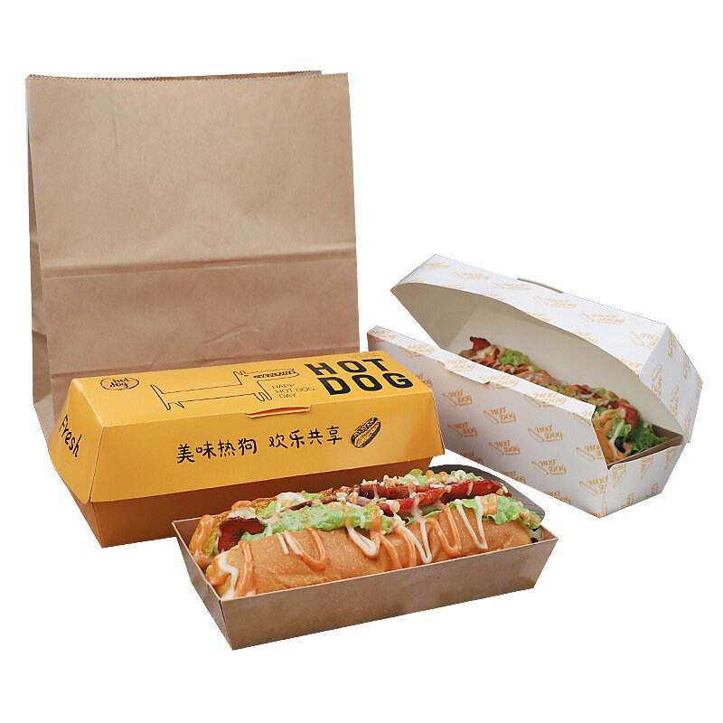 กล่องกระดาษเกรดอาหารแบบใช้แล้วทิ้งกล่องใส่ฮอตดอกแบบยาวสำหรับใส่โลโก้ได้ตามต้องการ