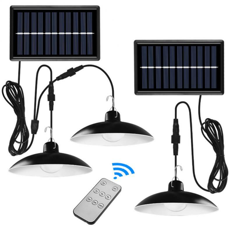 Solar LED Luzes Pingente, cabeça dupla, impermeável, controle remoto, ao ar livre, jardim, pátio, quintal, interior, IP65