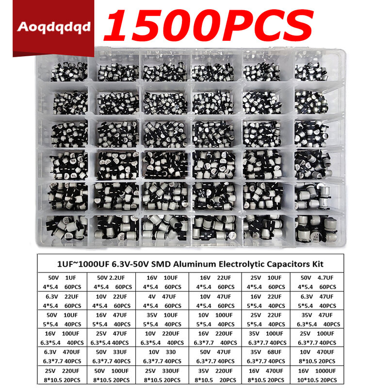 1500 pces 1uf ~ 1000uf 6.3v-50v 36 valor smd alumínio capacitores eletrolíticos sortimento kit com caixa para eletrônica circuito pcb bo