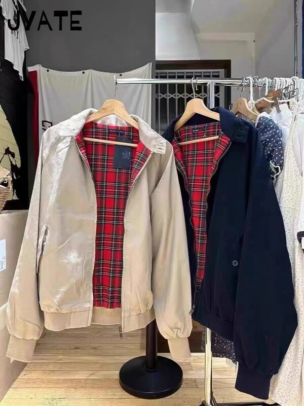Harajuku interno vermelho xadrez Zipper Flight Jacket para mulheres, casaco de algodão para outono, gola grossa, jaquetas soltas, tops chiques vintage, Y2K