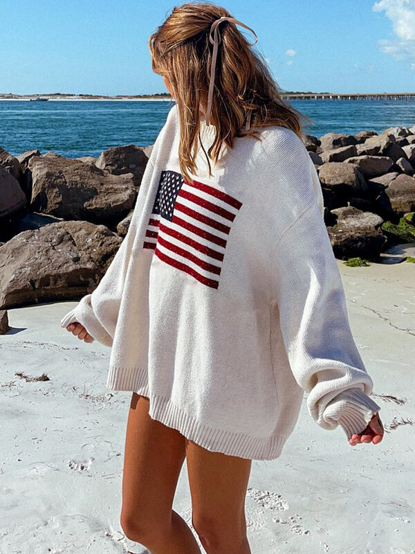 Y2K Women Winter Vintage Ladies Luxury American Flag Knit Sweater Aesthetics Long Sleeve Sweaters Oversize Pullover Tops Clothes