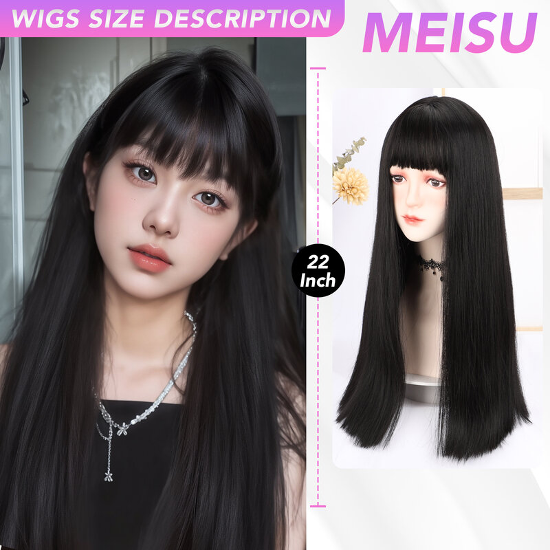 MEISU-peluca larga y recta negra para mujer, pelo con flequillo de aire, fibra sintética resistente al calor, dulce y Natural, fiesta o Selfie, 22 pulgadas