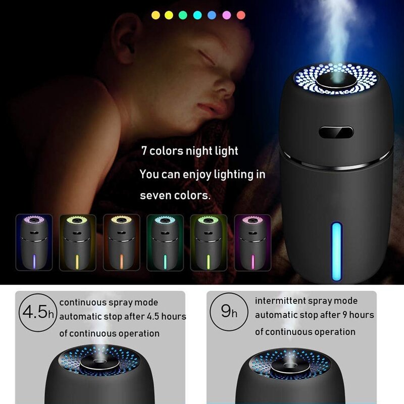 USB Car Humidifier 200Ml Mini Portable Humidifier With 7 Colors LED Night Light Quiet Adjustable Mist Modes For Travel