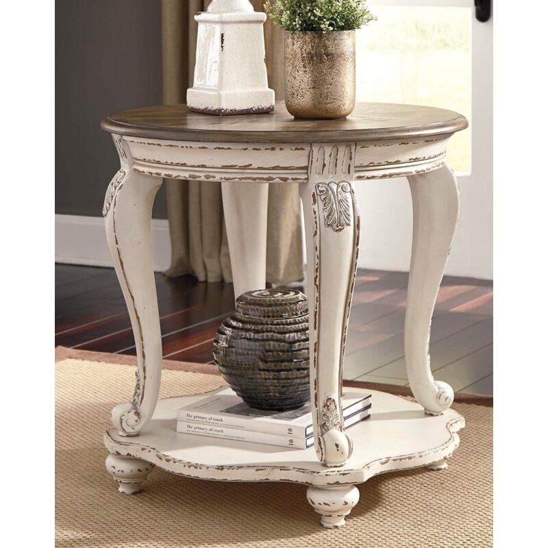 Realyn French Country Two Tone Round End Table, Chipped White