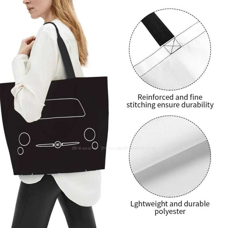 Fiat 500 Outline Graphic (White) Designer Handbags Shopping Tote Fiat 500 Cinquecento Classic Small Car Italy Italian Simple