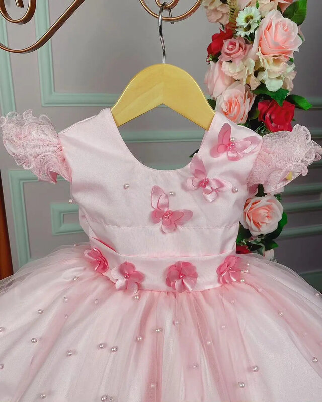 Cute Flower Girl Dress For Wedding Applique Pearls Lace Cap Sleeve Knee Length Child's First Eucharistic Birthday Party Dresses