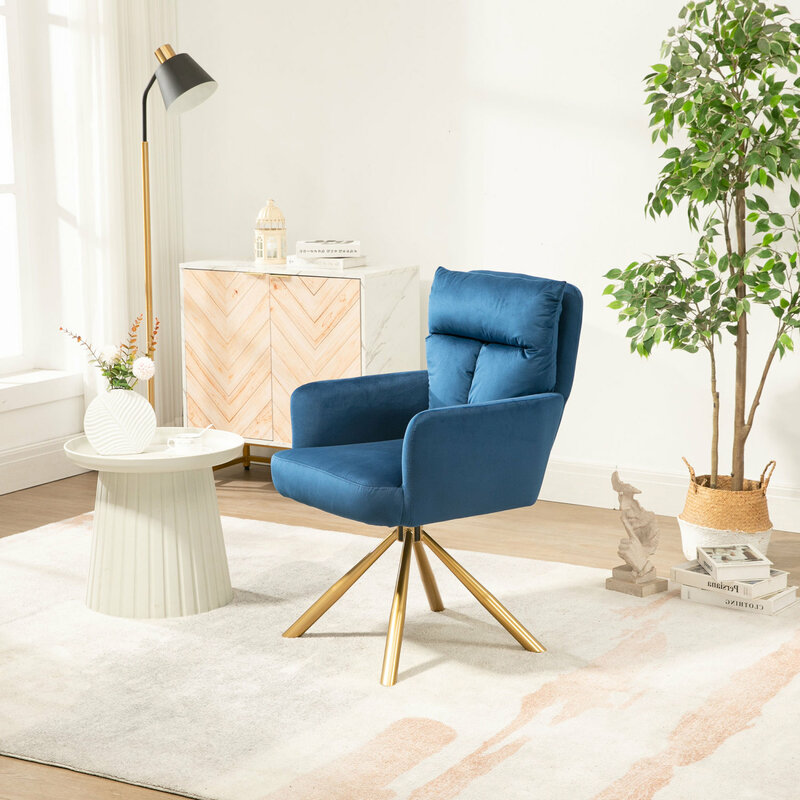 하이백 현대 다크 블루 벨벳 장식 회전 악센트 의자, 고급스럽고 정교한 디자인