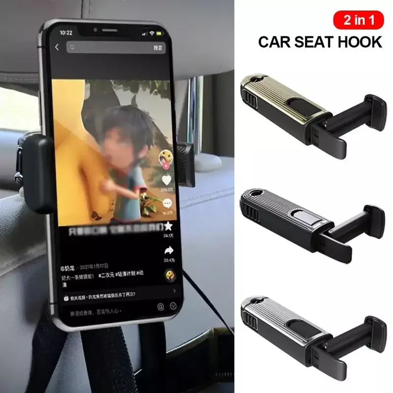 2 in 1 Car Seat Back Hook with Phone Holder Stable Headrest Hanging Hook Anti Slip Silicone Pad Hidden Rear Row Hanger Mount