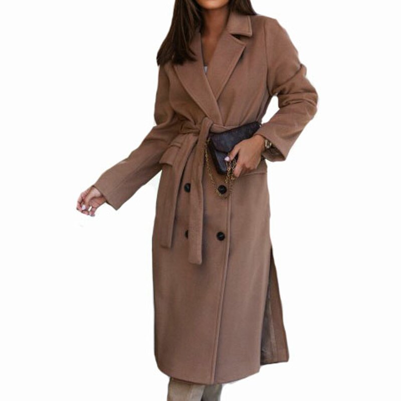 معطف طويل من الصوف برباط للنساء ، ياقة بدلة بسيطة ، كم طويل