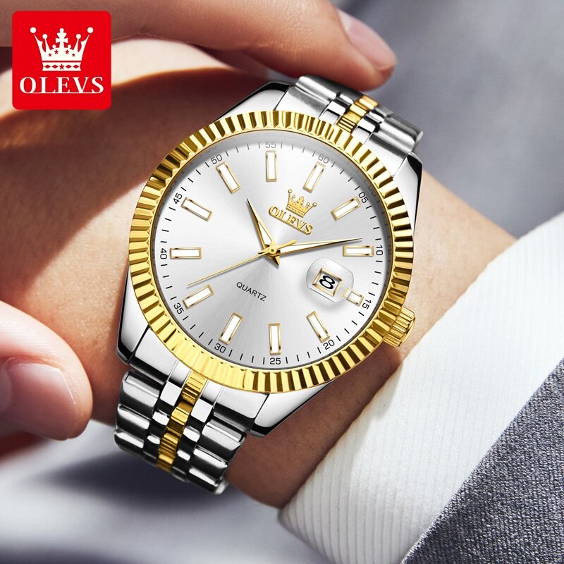 OLEVS jam tangan Quartz tahan air pria, jam tangan mewah baja tahan karat, kalender bercahaya, mode baru untuk pria