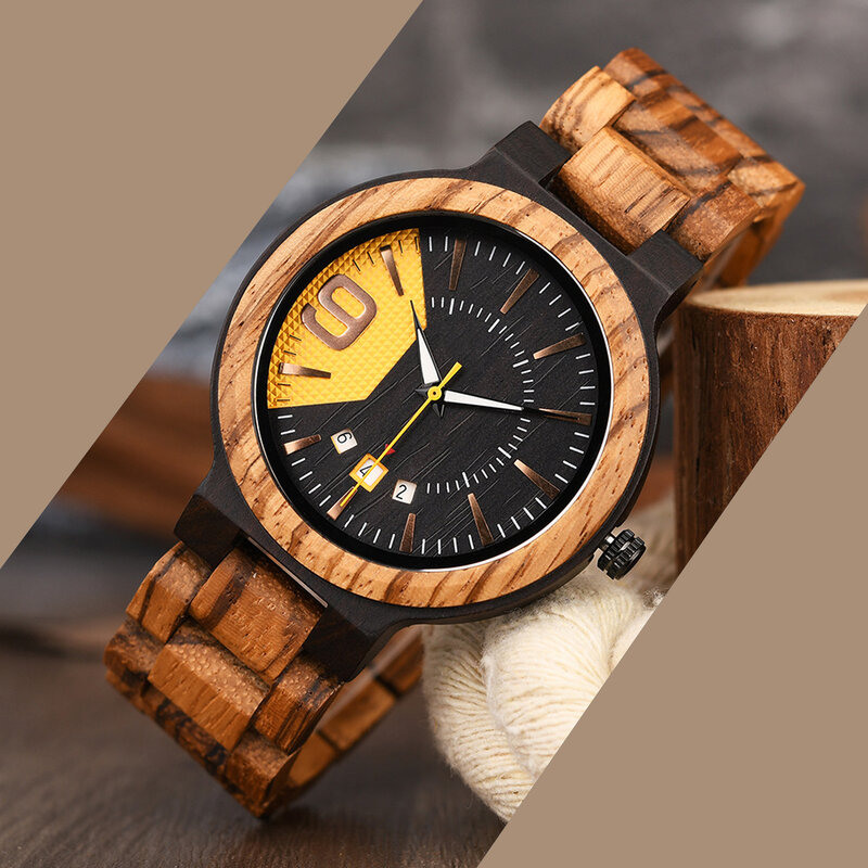 Jam tangan pria, warna-warni kayu Analog kuarsa tampilan tanggal jam kayu buatan tangan mewah kasual dengan kotak hadiah untuk pria
