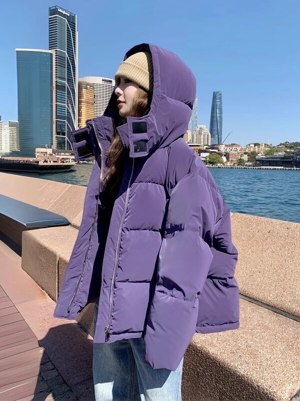厚手の紫色の綿パッド入りコート、プレッピースタイル、フード付きブレッドコート、冬