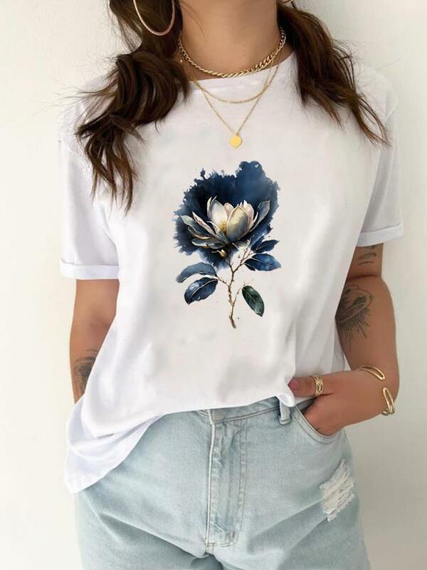Camiseta feminina com estampa de flores de livro, camiseta casual fofa, manga curta, roupas gráficas femininas, tendência doce, blusa fashion