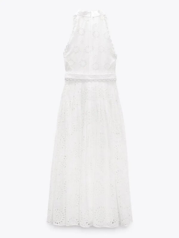 Vestido Midi de renda bordado oco feminino, gola em pé, sem mangas, roupa branca, novo estilo, decoração do cinto, 2023