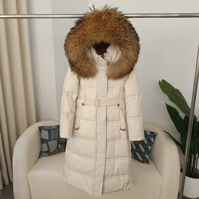 FURYOURSELF jaket panjang musim dingin wanita, pakaian luar sabuk mantel bulu rakun asli kerah bulu bebek hangat alami 2023