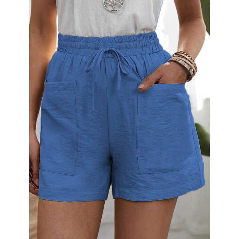 2023 Summer Fashion New Solid Color Loose Pocket Casual Shorts High Waist Wide Leg Pants Female
