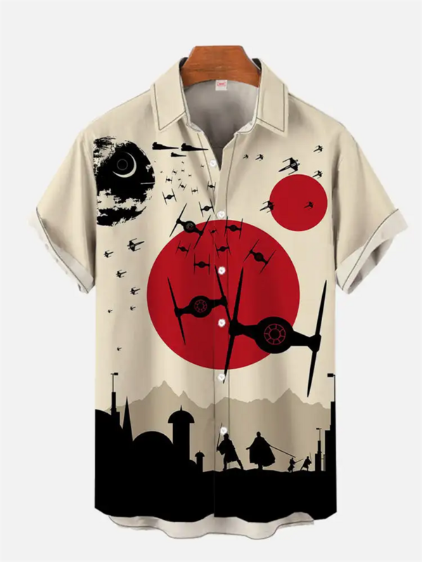 Camisa de pintura dos homens mascarados Samurai Paisagem, Tops de manga curta, camisas soltas tamanho grande, avião espacial planeta série de guerra Ukiyo-e retro