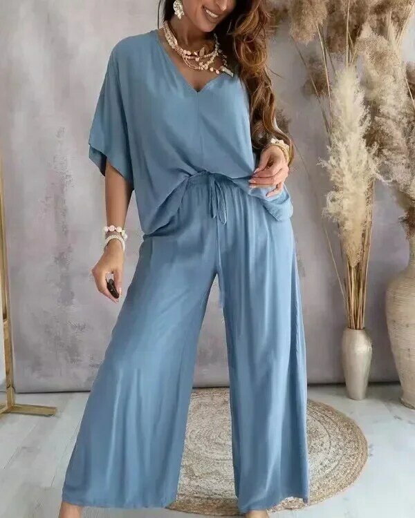 2024 Spring Oversize Women Suit Batwing Sleeve V-neck Loose Tops Long Wide-Leg Pants Suits Female New Summer Trendy Lady Clothes