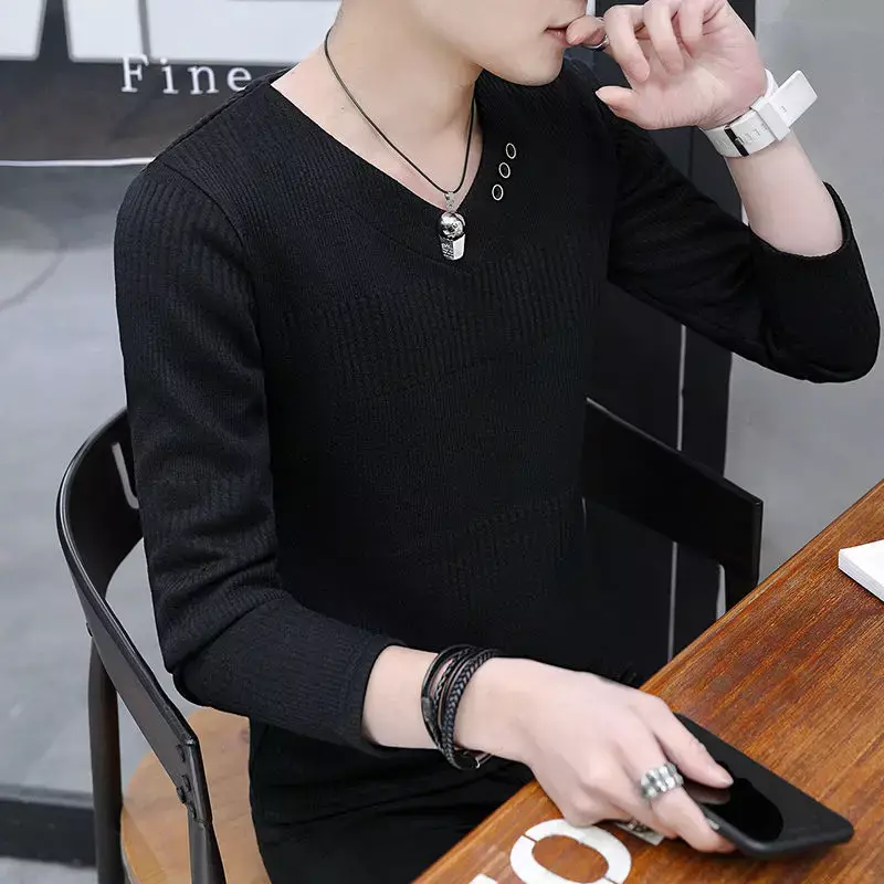 Solid Color Knit Sweater Male Pullovers Plain Black V Neck Business Men's Clothing Korean 2023 Autumn Loose Fit A Mode Maletry X