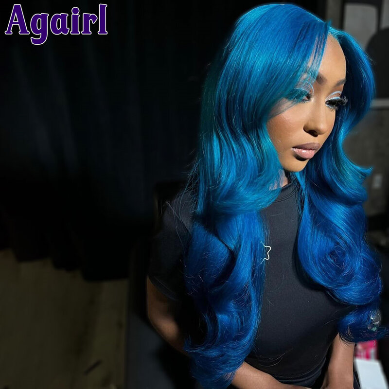 Perruque Body Wave Lace Front Wig sans colle pour femme, cheveux humains, bleu clair, pré-plumée, transparente, 6 ans, 13x6, 13x4