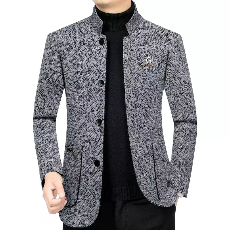 Jaket blazer kerah berdiri pria, Blazer bisnis kasual kualitas tinggi 4XL Musim Semi dan Gugur