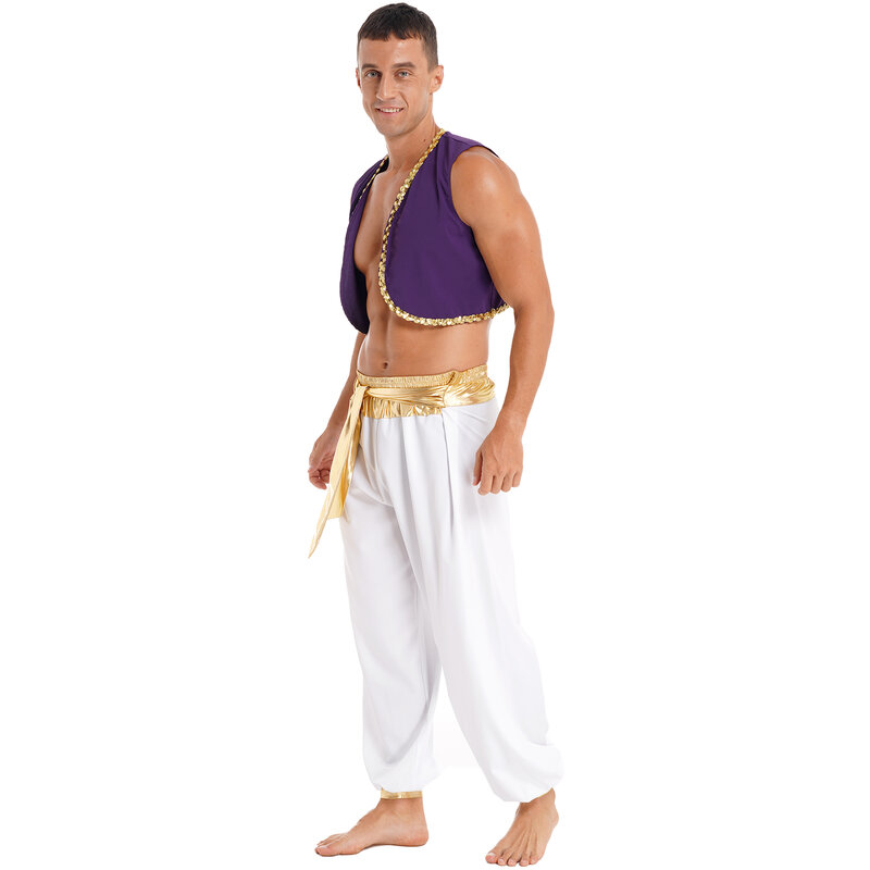 Costume da uomo di Halloween mitico principe Aladin Carnival Carnival Cosplay Party Outfit gilet con paillettes con pantaloni con cintura