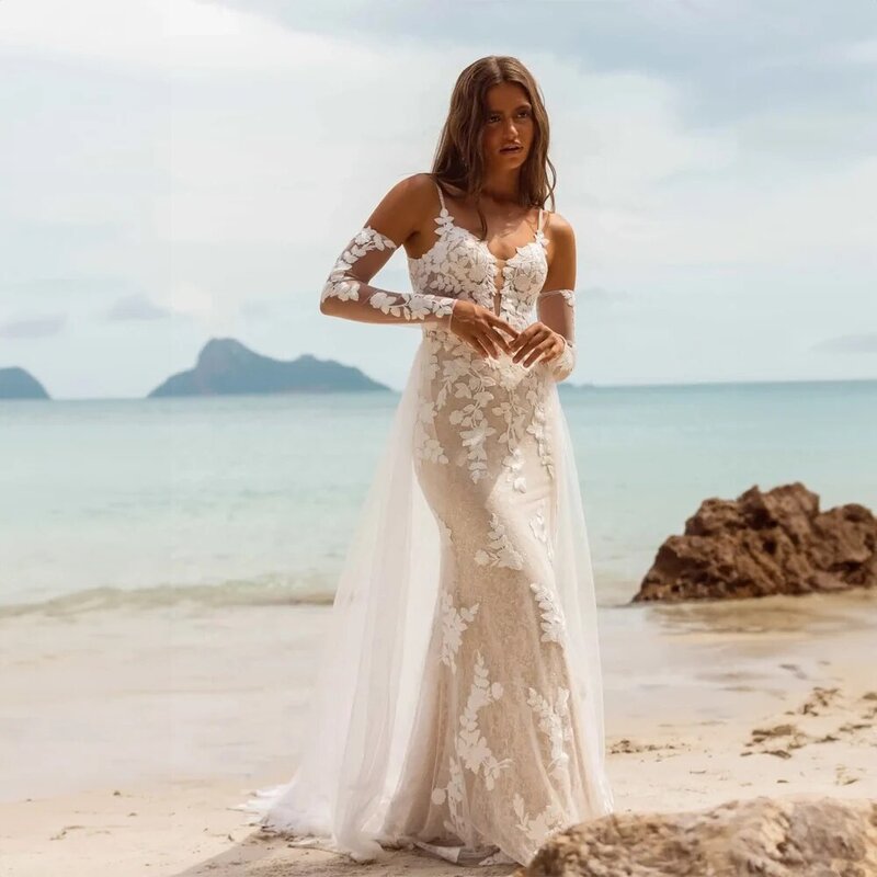 Pasy spaghetti kwiatowa aplikacja koronkowa plaża tiulowa suknia ślubna dla kobiet syrenka sąd Illusion suknia ślubna robe de mariée