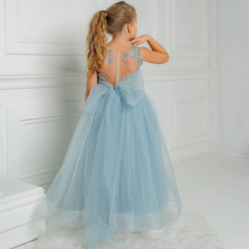 Gaun gadis bunga applique Tulle biru dengan pita tanpa lengan untuk pesta ulang tahun pernikahan jamuan gaun Komuni Pertama