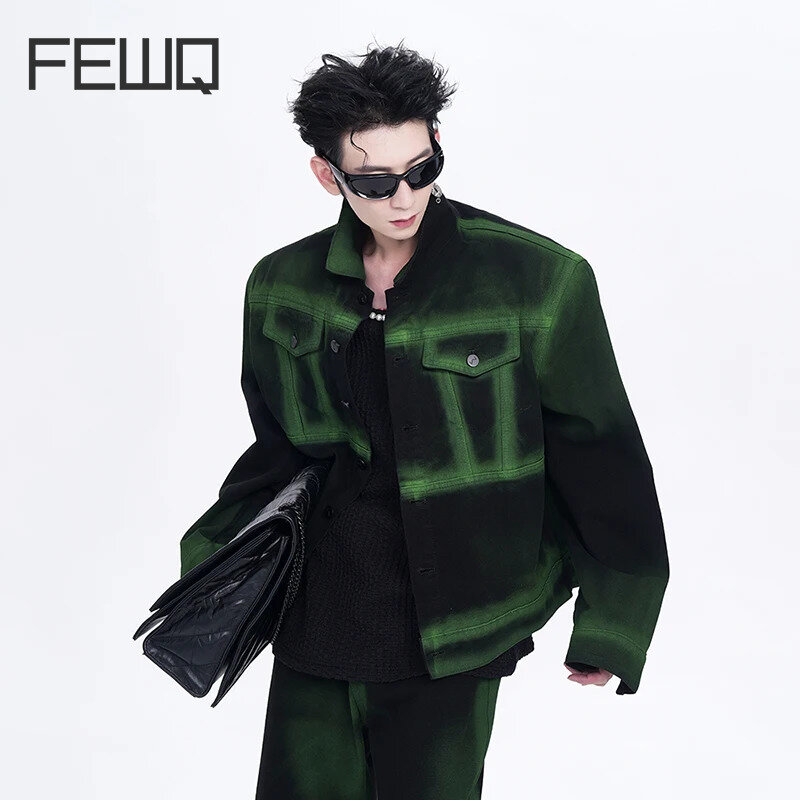 FEWQ-Chaqueta Retro de estilo americano para hombre, Tops masculinos con hombrera, Color de contraste, diseño de nicho, botonadura única, 24Y118, 2024